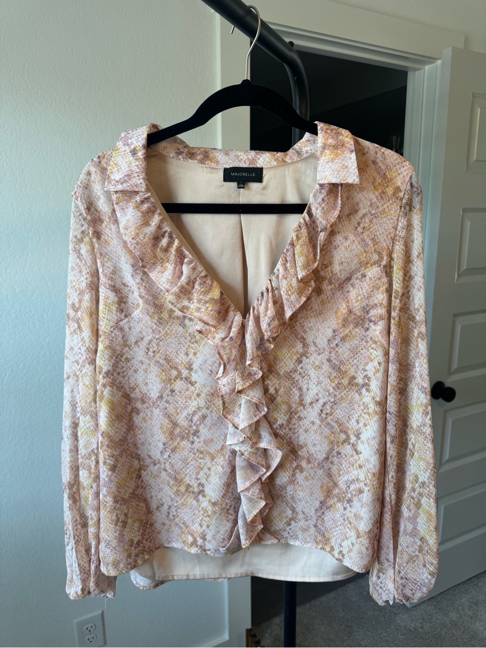 MAJORELLE Pink and Cream Ruffle V-Neck Blouse